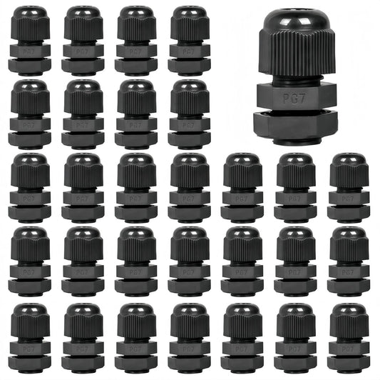 30 Pcs Waterproof PG7 Cable Gland Set 3-6.5mm IP68 PA66 Nylon Wire Grommets With Strain Relief For Outdoor Marine Electrical Installations Ideal For DIY Projects And Professional Wiring Weatherproof And Saltwater Resistant For Harsh Environments