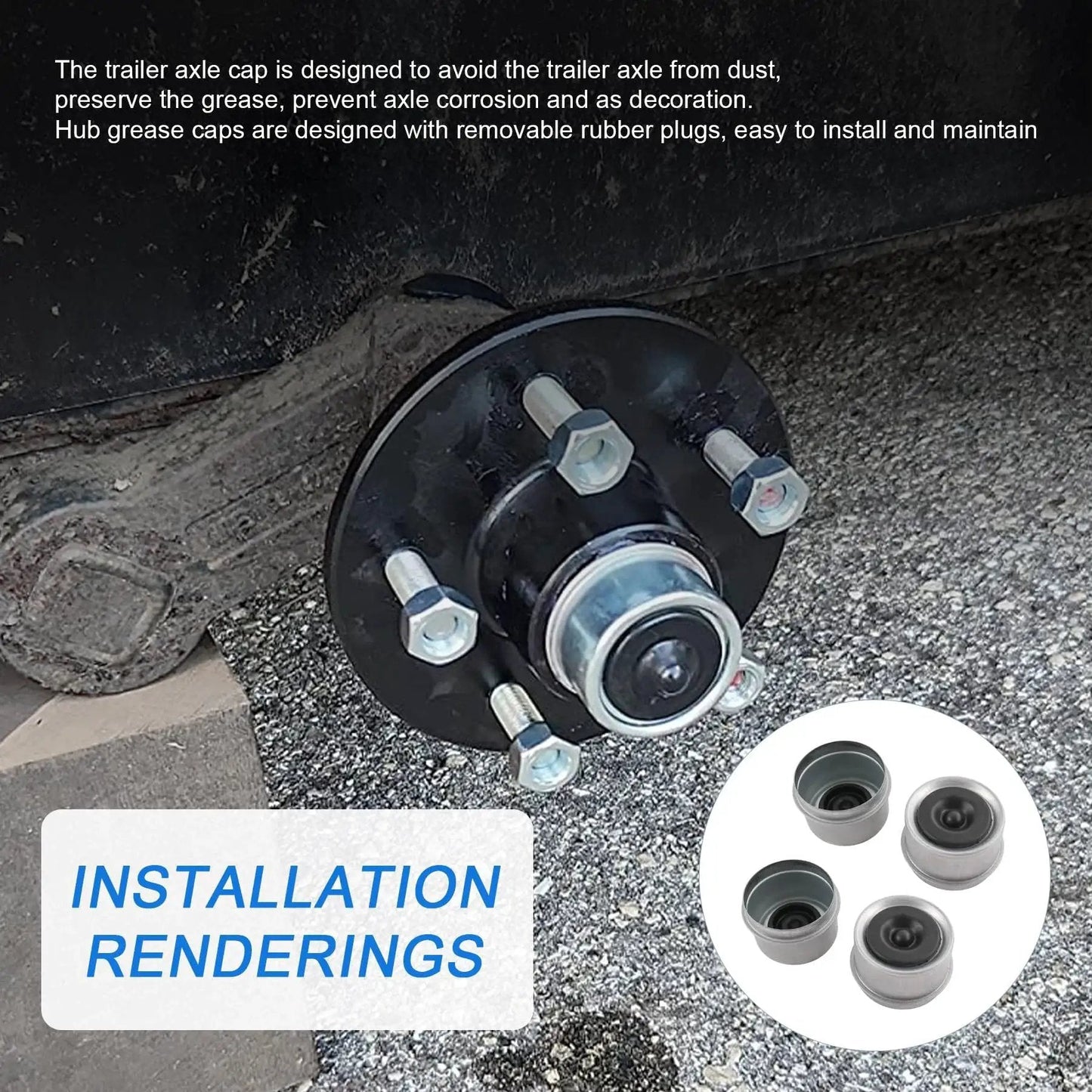 4 Pack 1.98 Inch Trailer Axle Dust Cap Hub Grease Cover Kit With Extra Rubber Plugs For Most 2000 To 3500 Pound Axles Dexter EZ Lube Compatible Campers RV Boats Hub Cap Replacement installed on axle with rubber plugs visible