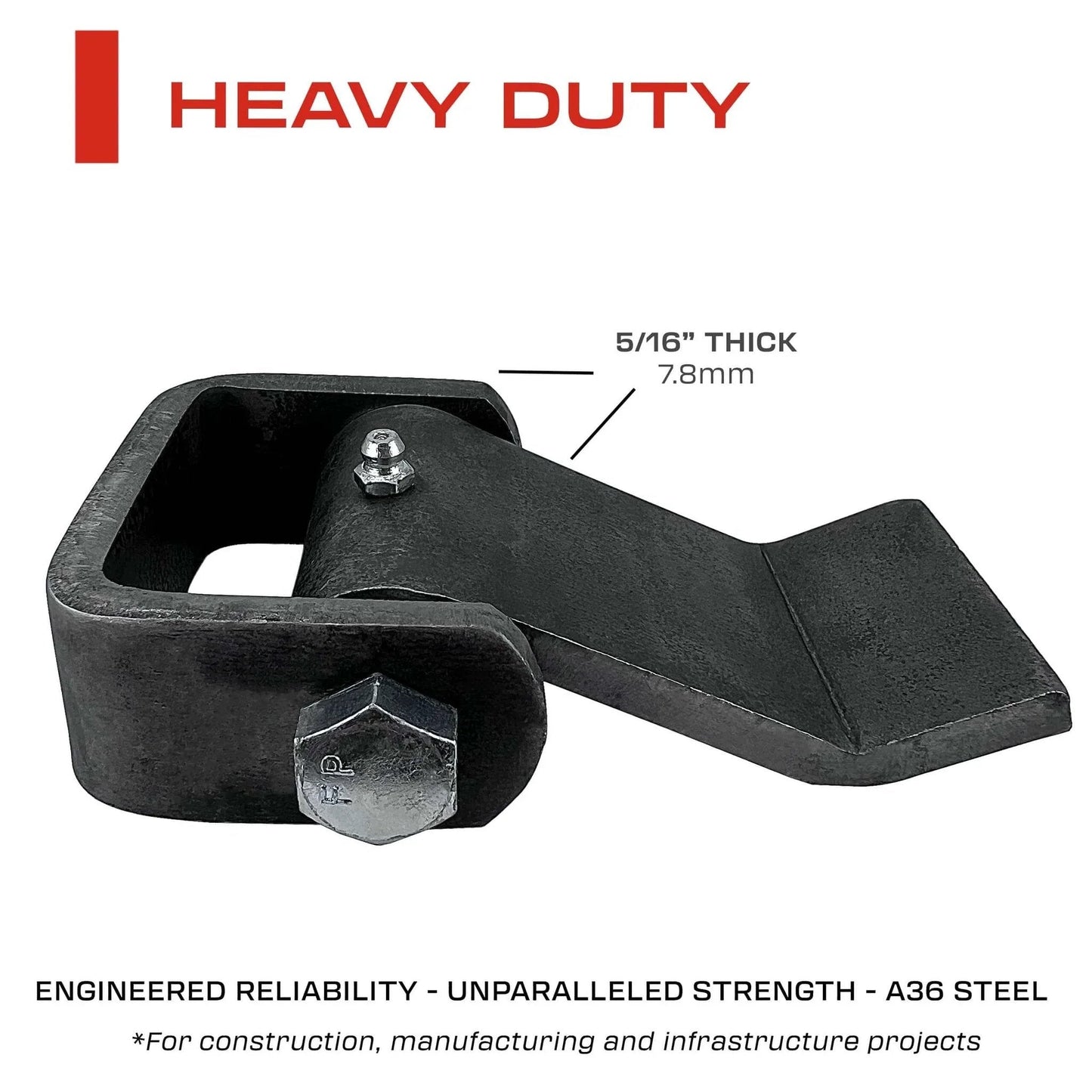 Close-up of a heavy duty weld-on dump trailer hinge showing 5/16 inch thick A36 steel construction and bolt for durability.
