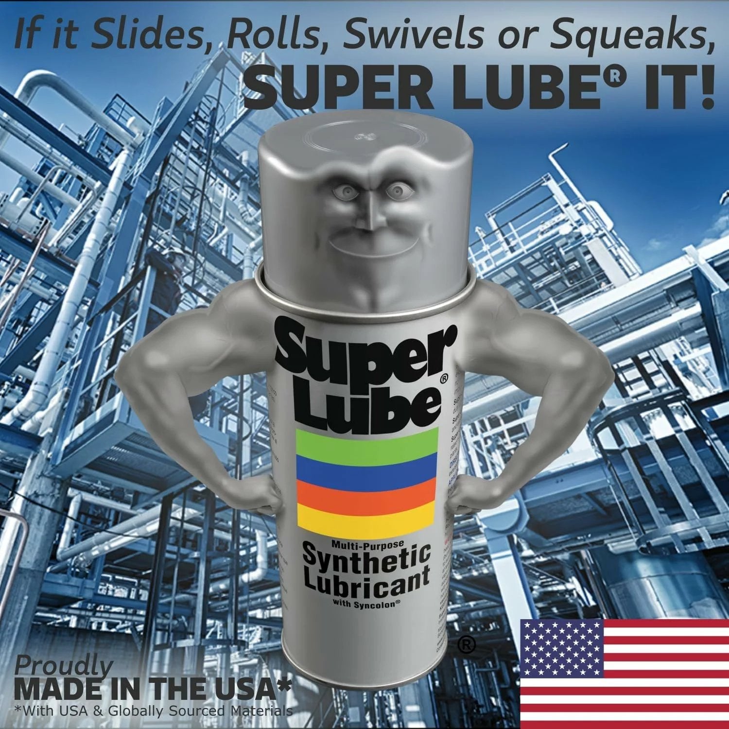 Super Lube multi-purpose synthetic lubricant can with cartoon character in industrial setting, USA flag shown