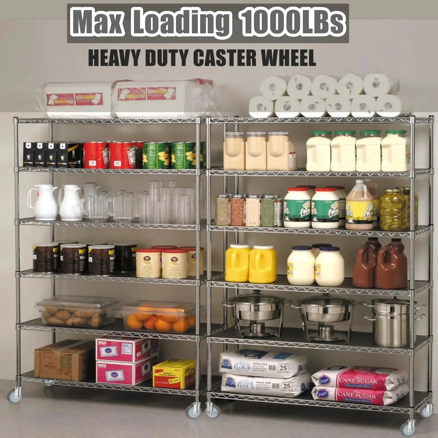 Wire shelving with heavy-duty caster wheels showing 1000 lbs max load capacity, compatible with Metro Quantum Uline shelves.