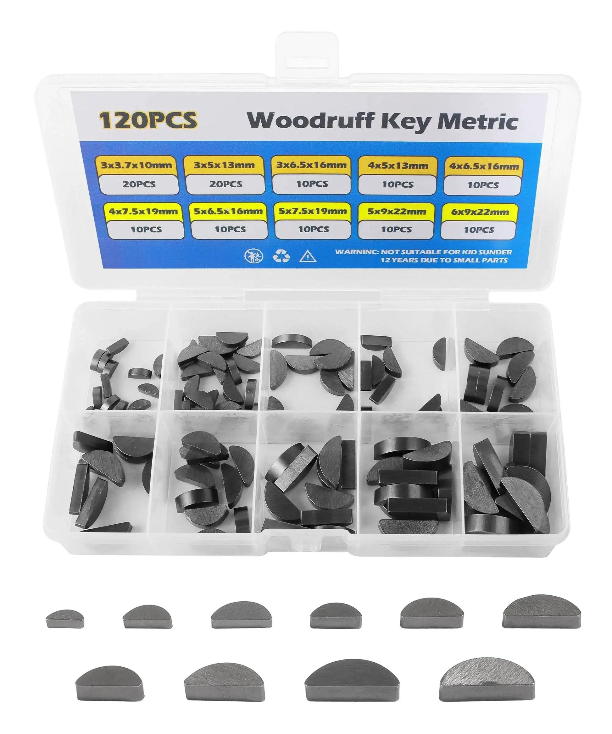 Woodruff Key Set 120 Piece Semicircle Key Assortment With 10 Sizes Half Moon Keys For Flywheel Applications in a plastic box