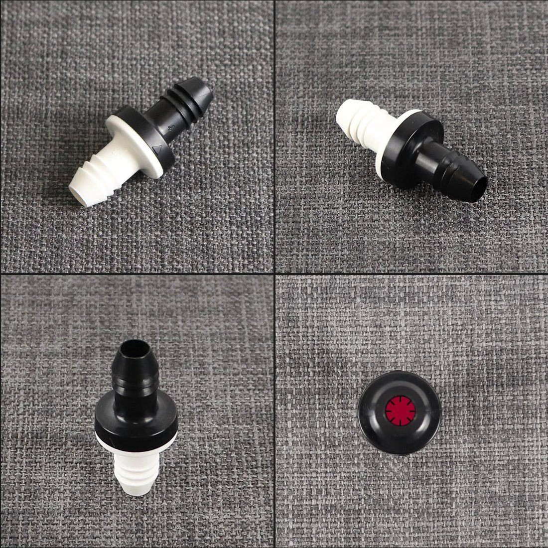 Inline 10mm Vacuum Barbed Check Valve One Way Non Return Breather with ABS Shell and Silicone Diaphragm, 43mm Length, Four Views