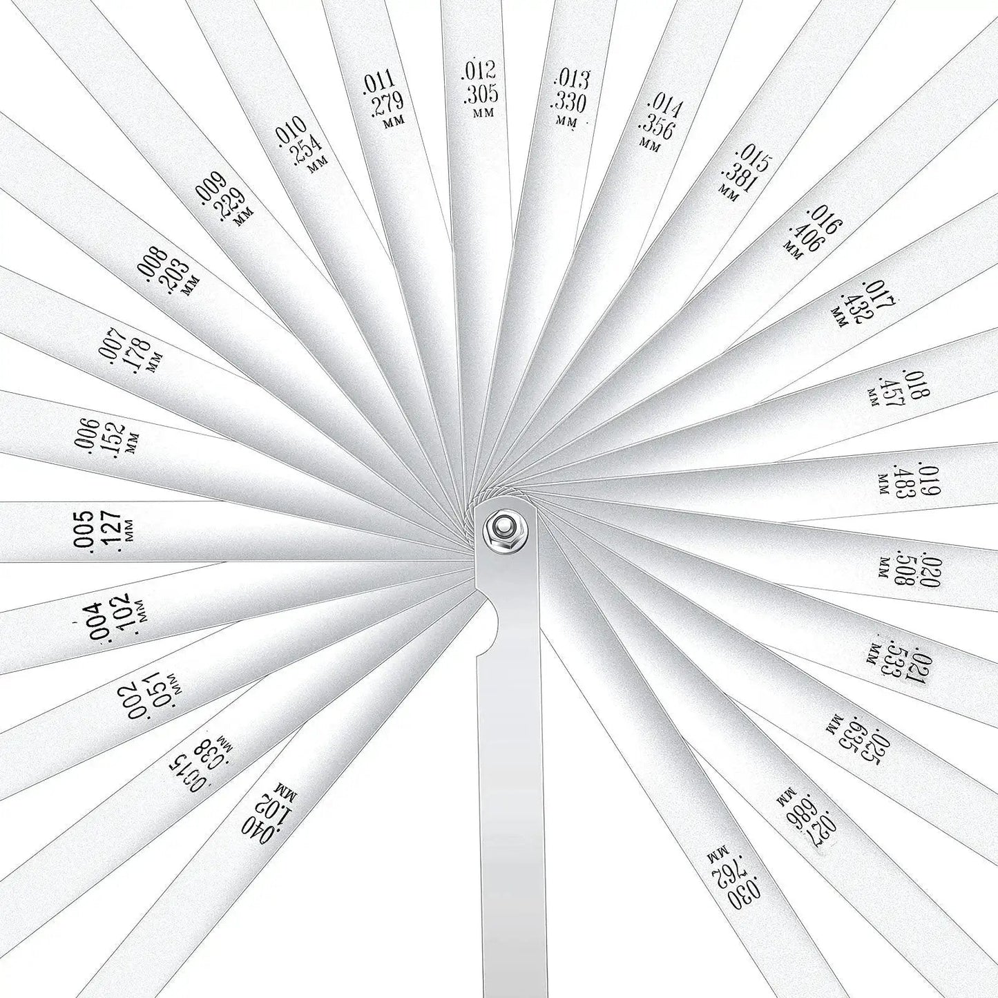 Premium 25 Blades Feeler Gauge Set With Hardened Steel, Tapered And Dual Marked Metric And Imperial displayed spread open