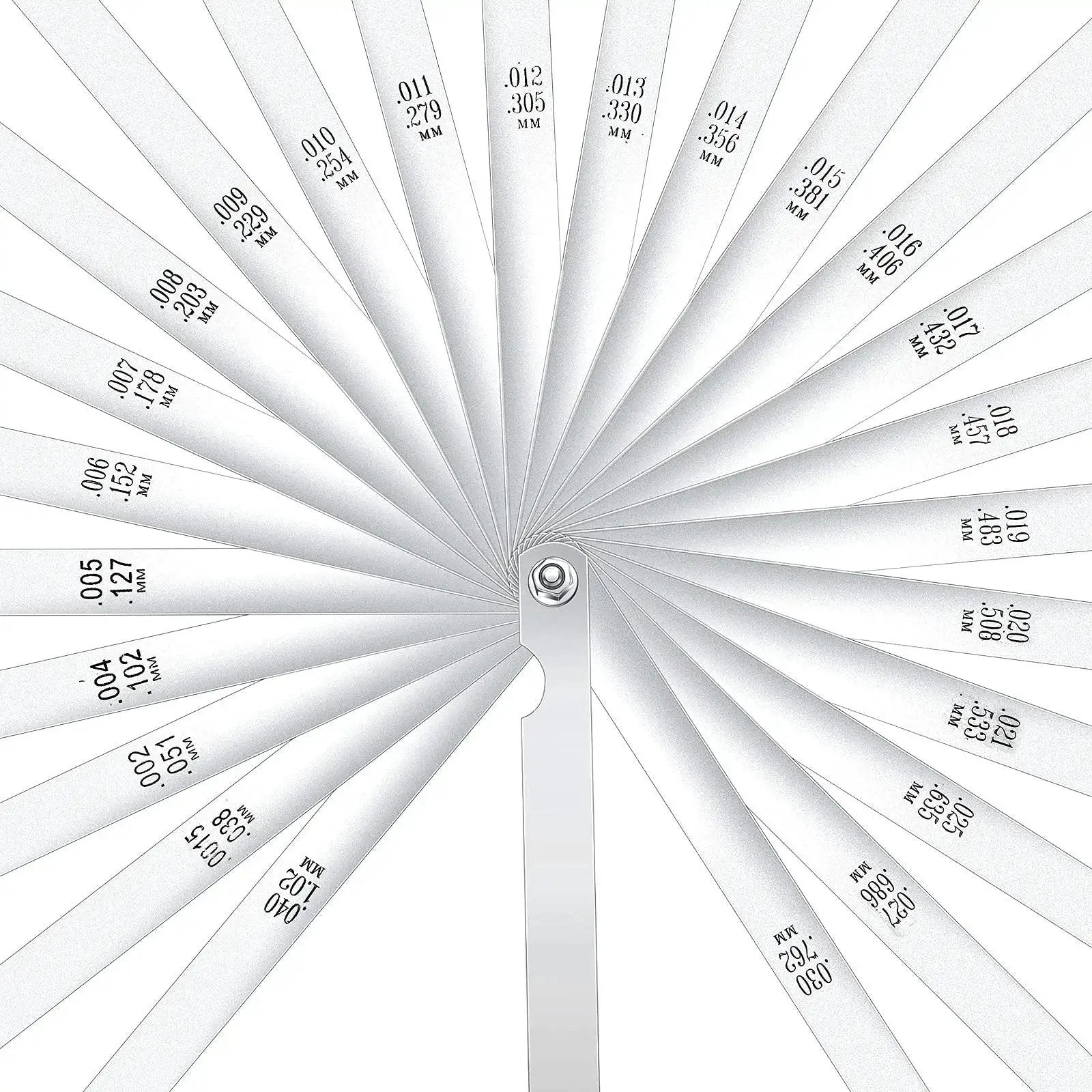 Premium 25 Blades Feeler Gauge Set With Hardened Steel, Tapered And Dual Marked Metric And Imperial displayed spread open