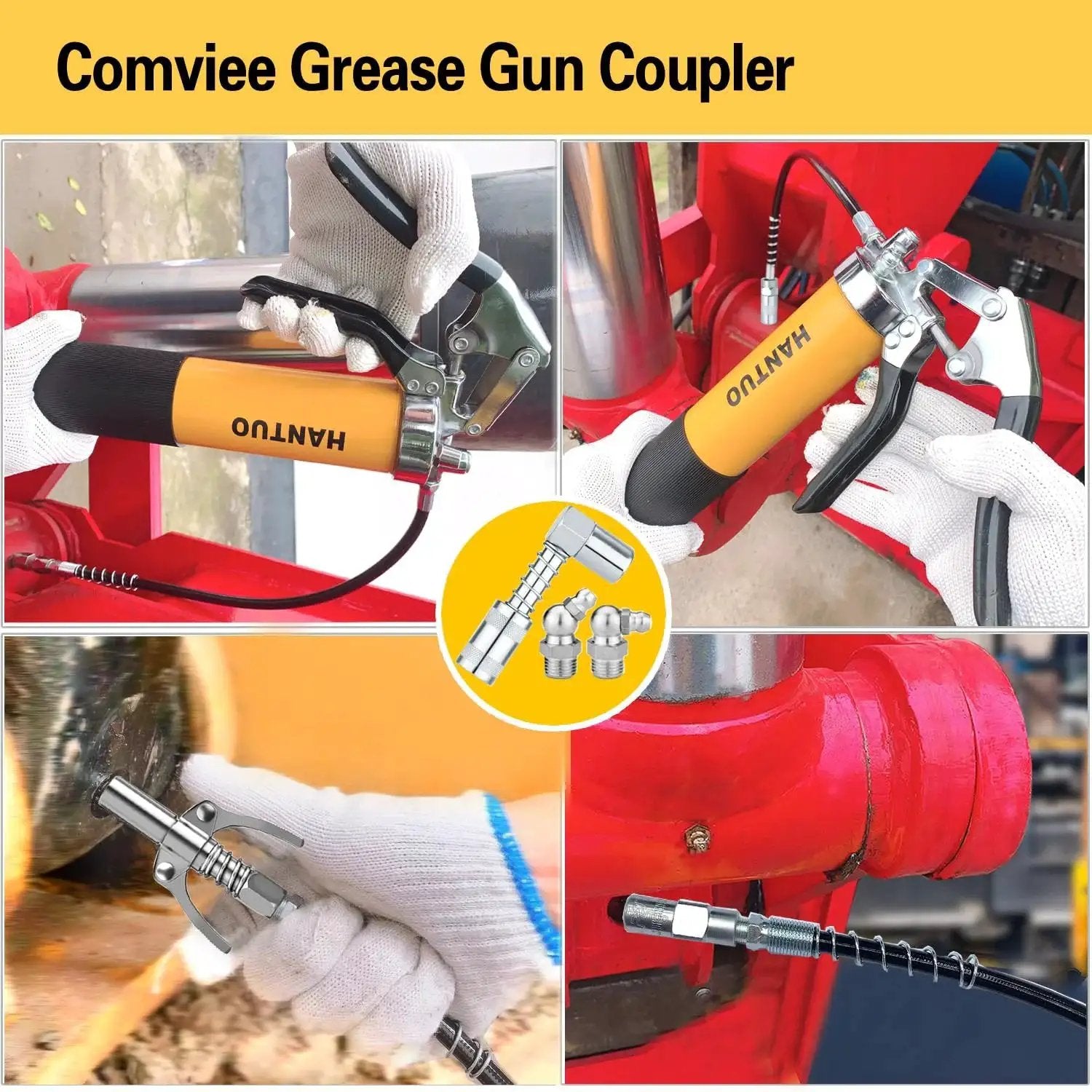 Heavy Duty Pro Grade Grease Gun With Quick Release Coupler 8000 PSI Pistol Grip Kit in industrial use on machinery