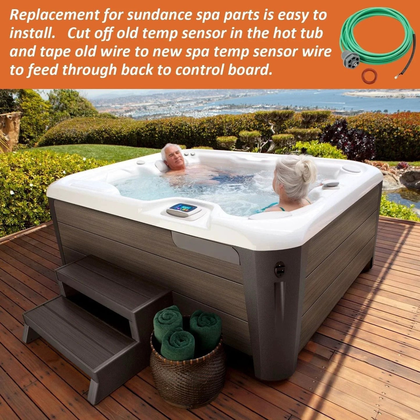 Upgrade 6600-166 temperature sensor for Sundance Spas and Jacuzzi hot tubs shown in use with spa on wooden deck