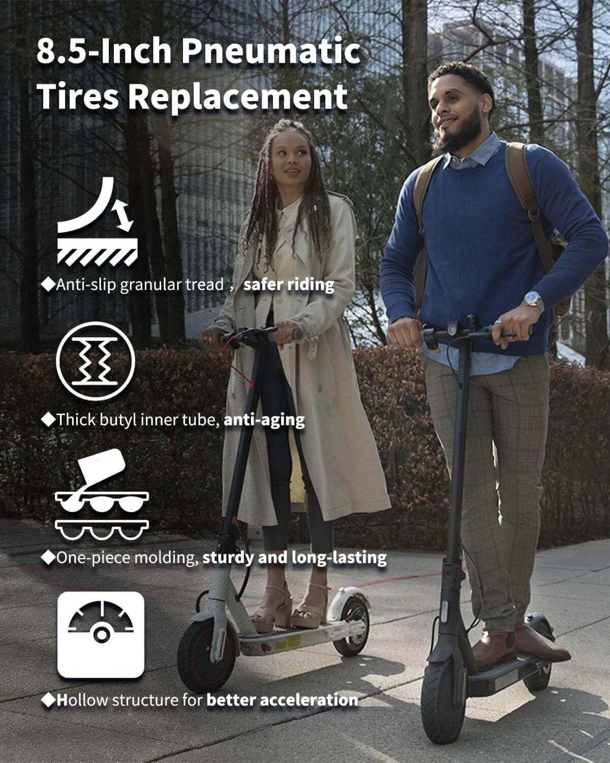 Two people with electric scooters showing 8.5 Tire Tube 50/75-6.1 Scooter Tire Replacement features like anti-slip tread and butyl inner tube.