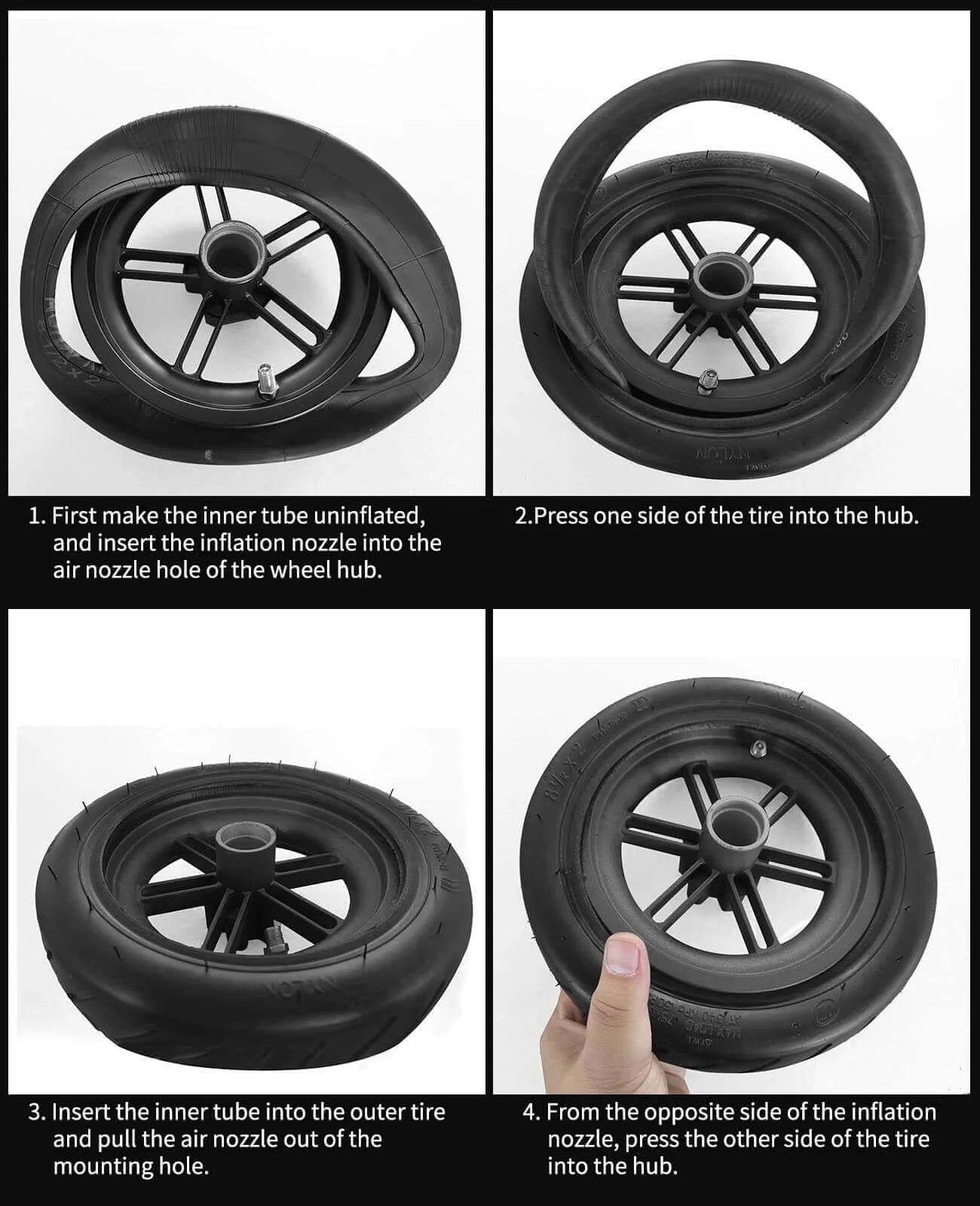 Installation guide for 8.5 Tire Tube 50/75-6.1 Scooter Tire Replacement for Gorax Electric Scooter, showing steps 1 to 4.