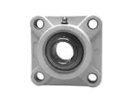 Front view of Single 4-Bolt Flange Set Screw 17 mm ID Black Polymer Housing Sealed Ball Insert Steel Race Relubricatable Contact Seal