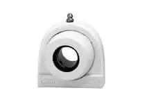 Front view of single tapped pillow block bearing 1-3/16 in (30.16 mm) I.D., stainless steel ball insert with set screw lock, white polymer housing