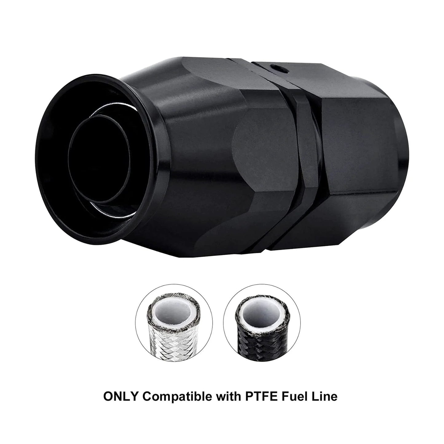 8AN PTFE Hose End Fitting Straight Black, aluminum swivel fitting for PTFE fuel hose only, shown with hose compatibility
