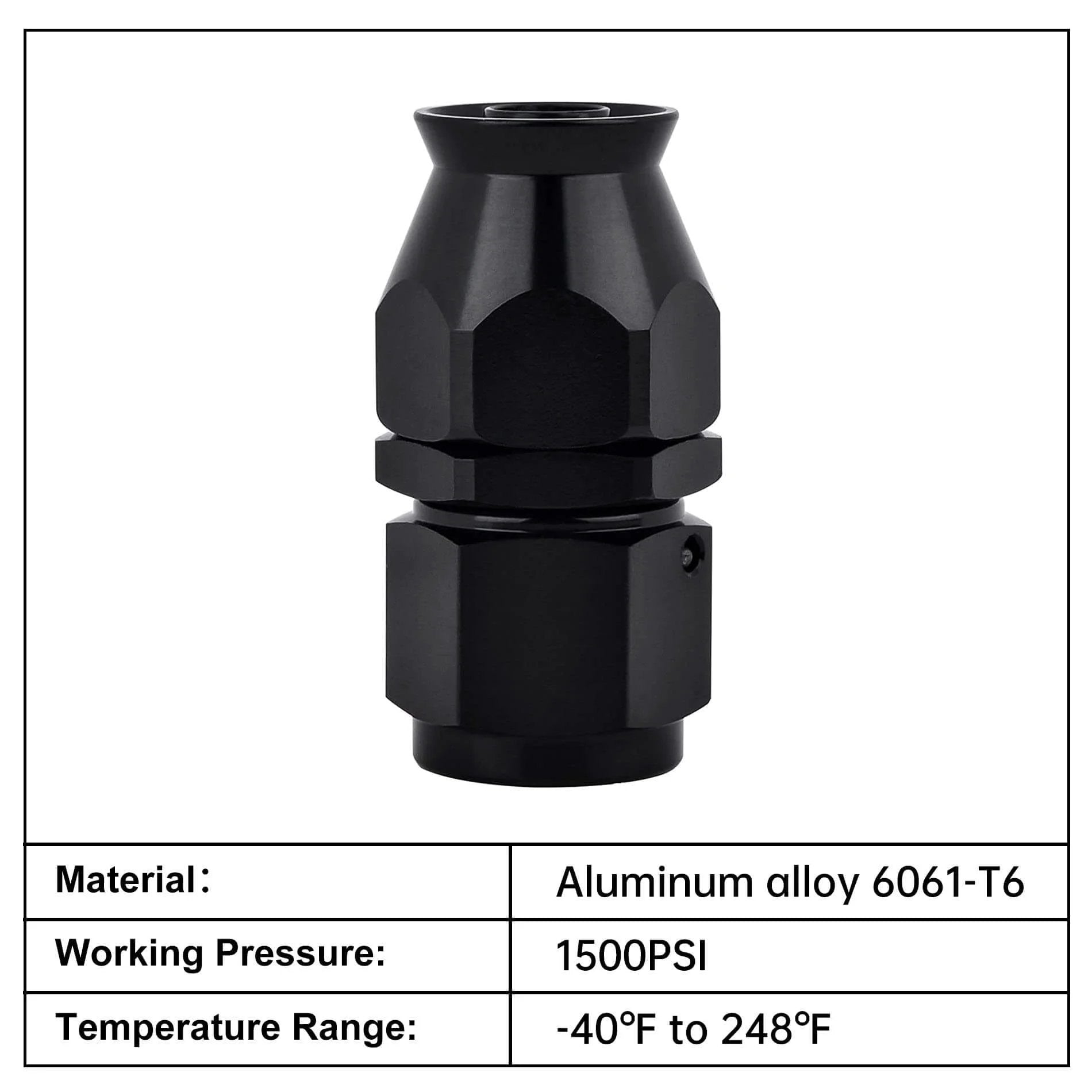8AN PTFE Hose End Fitting Straight Black, aluminum swivel PTFE fitting, temperature range -40°F to 248°F, 1500 PSI rated