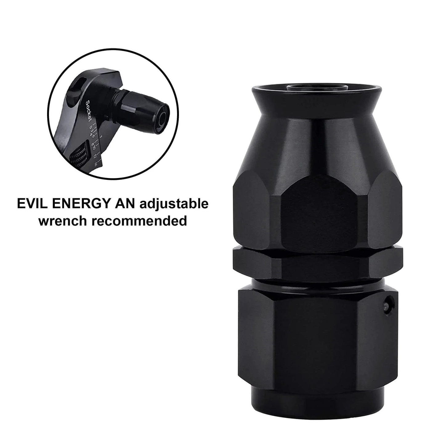 8AN PTFE Hose End Fitting Straight Black, aluminum swivel fitting for PTFE fuel hose, 3/4-16 UNF, 1500 PSI, adjustable wrench recommended