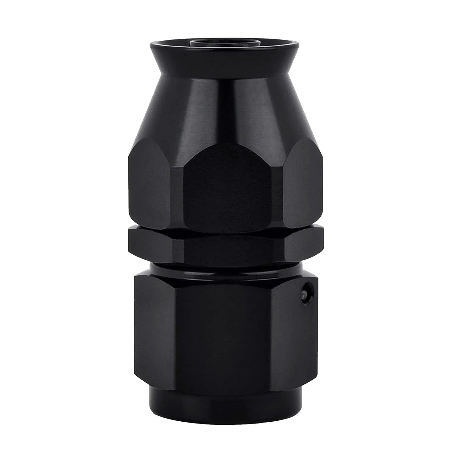 8AN PTFE Hose End Fitting Straight Black, aluminum swivel fitting with 3/4-16 UNF thread, front view