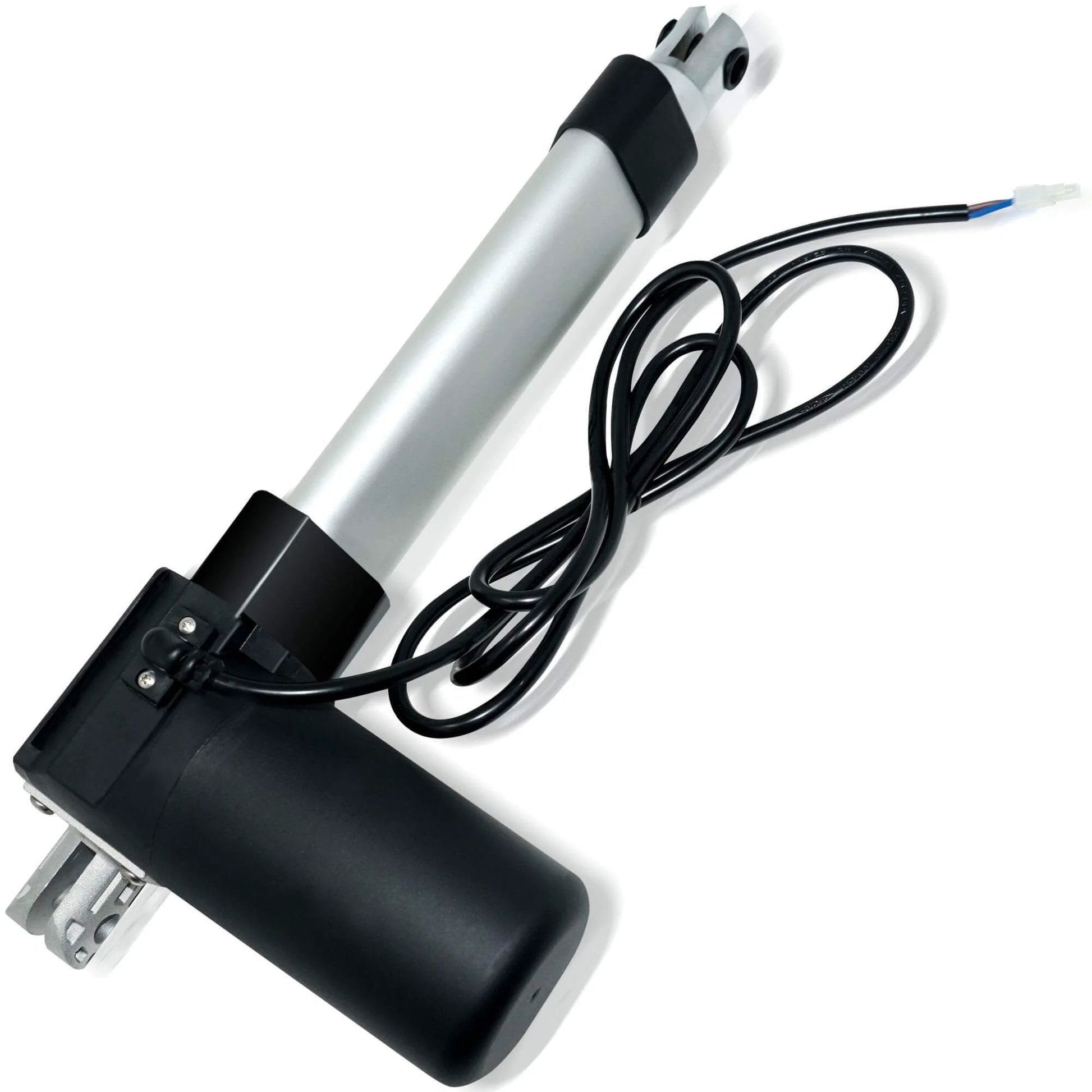 8 Inch Stroke Electric Linear Actuator, 400 lbs Force, IP66 Water Resistance - side view, black and silver design with cable