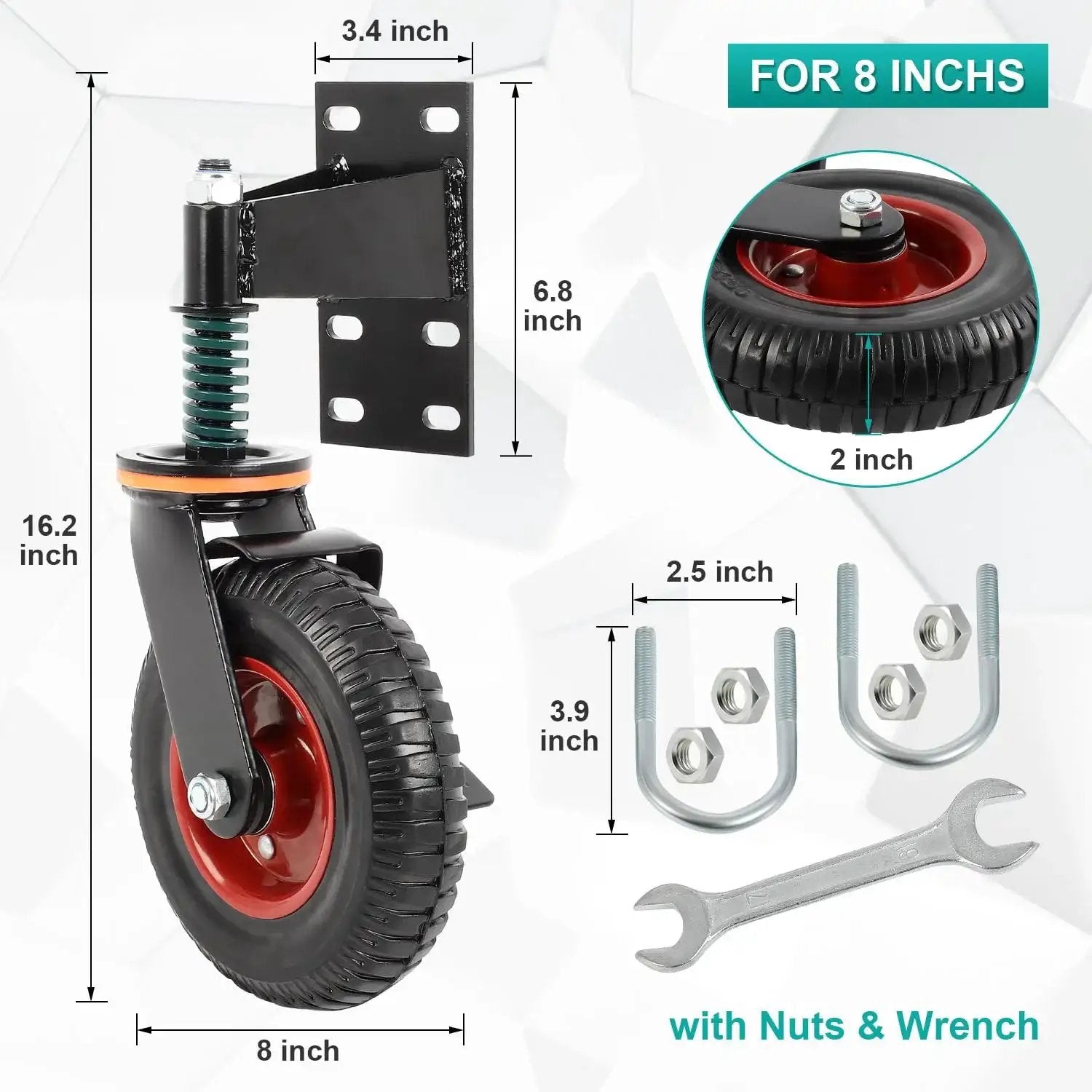8 Inch Gate Wheel With Brake And 360 Degree Swivel, spring loaded, with mounting brackets, nuts, wrench, and measurements displayed