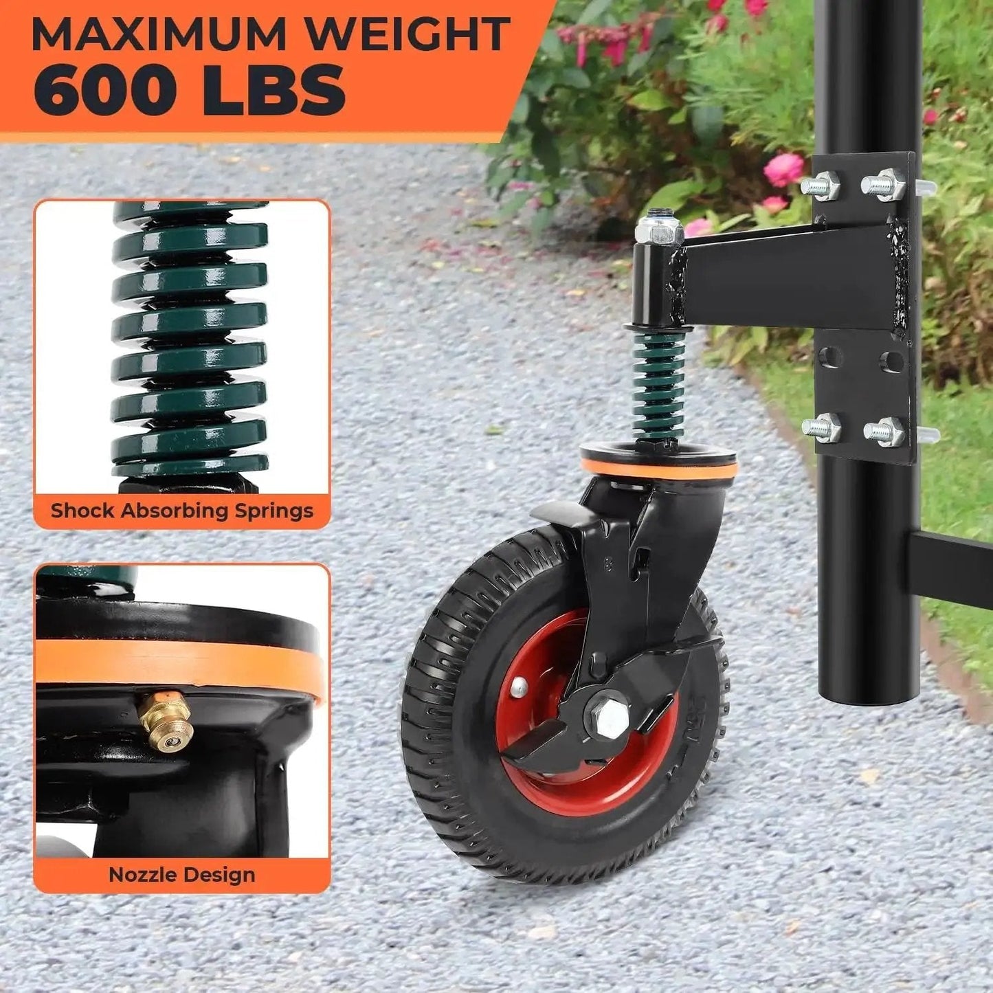 8 Inch Gate Wheel With Brake And 360 Degree Swivel Spring Loaded For 4 Inch Height Variation Compensation, 600 Lb Capacity