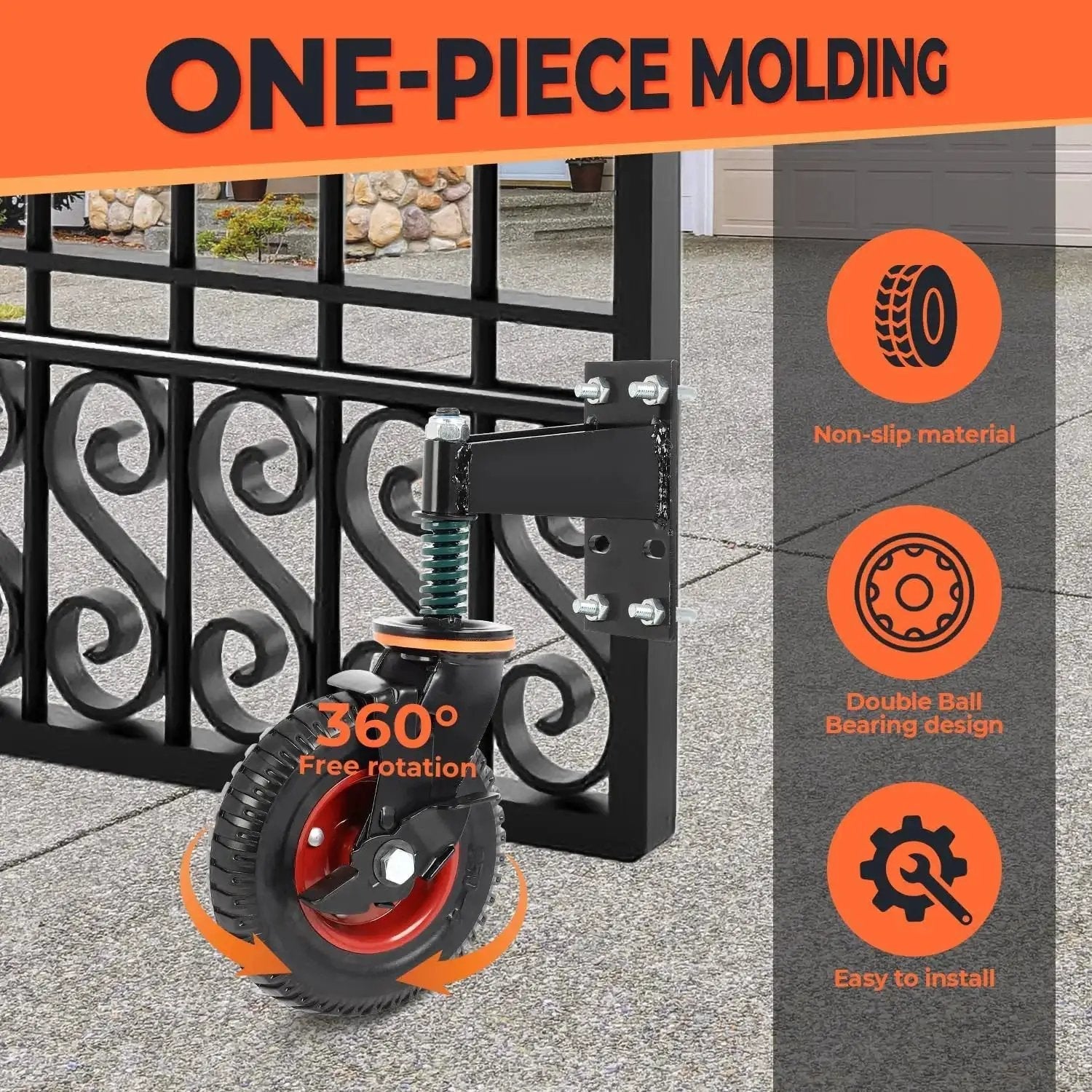 8 Inch Gate Wheel With Brake And 360 Degree Swivel Spring Loaded installed on metal swing gate