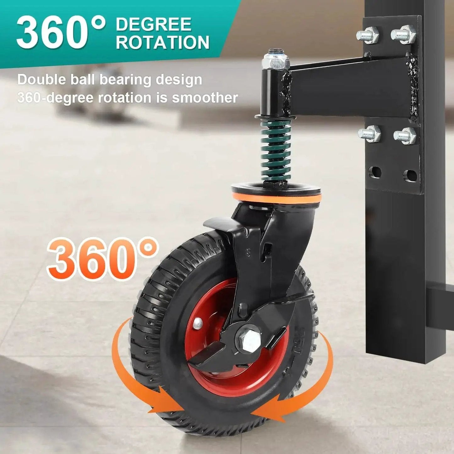 8 Inch Gate Wheel With Brake And 360 Degree Swivel Spring Loaded For 4 Inch Height Variation Compensation, attached to gate