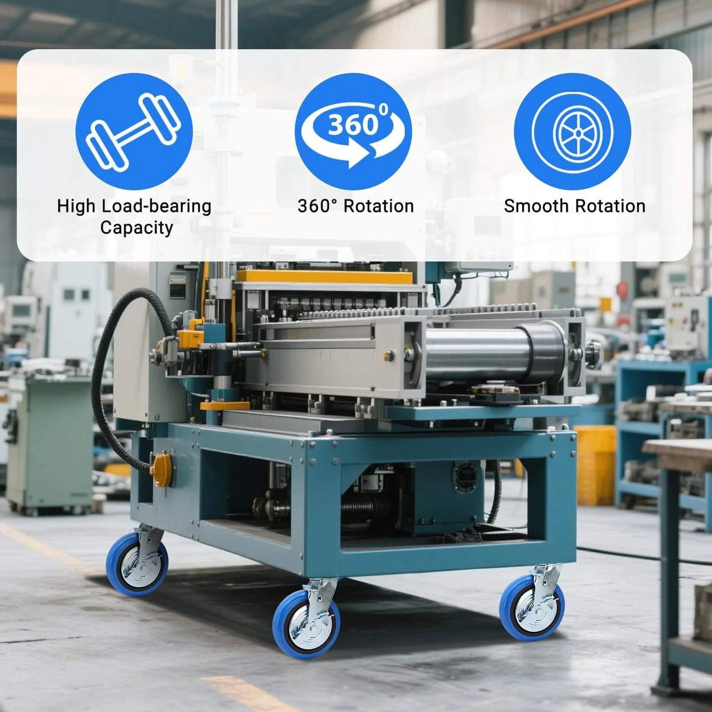 8 inch heavy duty caster wheels set of 4 rated 6000 lb total with smooth rolling design on industrial machine in warehouse