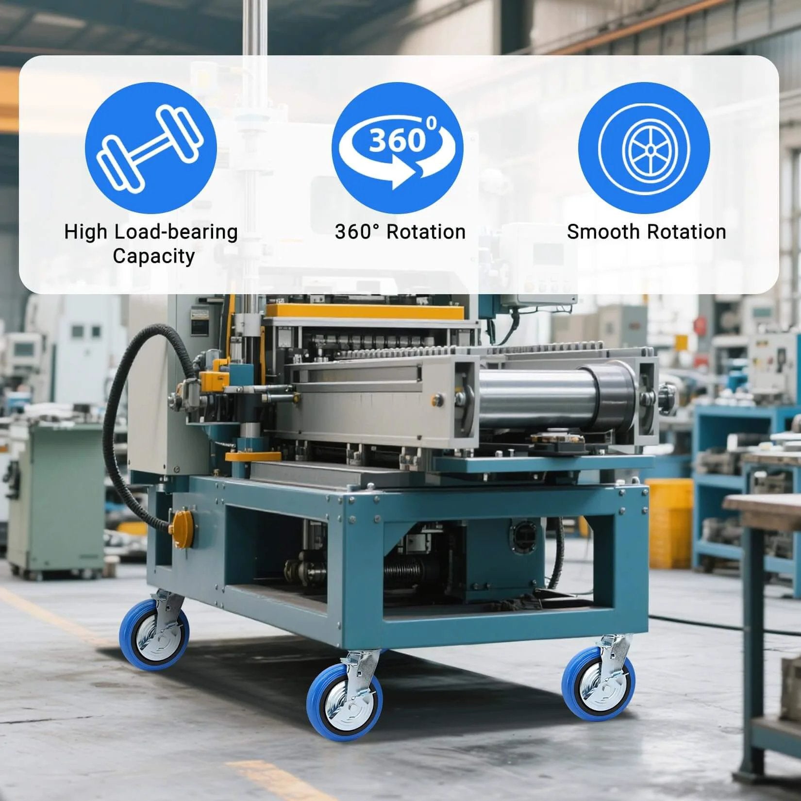 8 inch heavy duty caster wheels set of 4 rated 6000 lb total with smooth rolling design on industrial machine in warehouse
