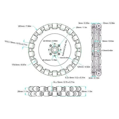Technical diagram of 8 Inch Omni Wheel Omnidirectional Aluminium Alloy Hub Component, 203mm Smart Robot Omni Directional Wheel with measurements.