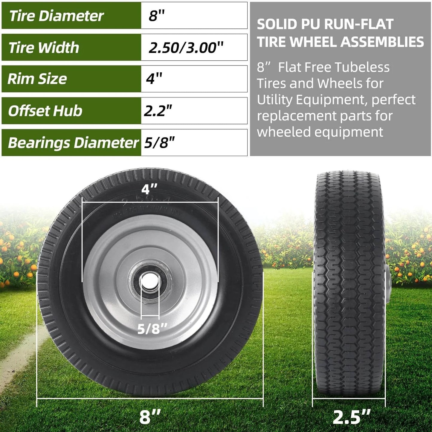 8 Inch Solid Wheel Replacement 2 Pack with 2.50-4 Flat Free Tire and Wheel, Offset Hub 2.2 Inch, side and front view display