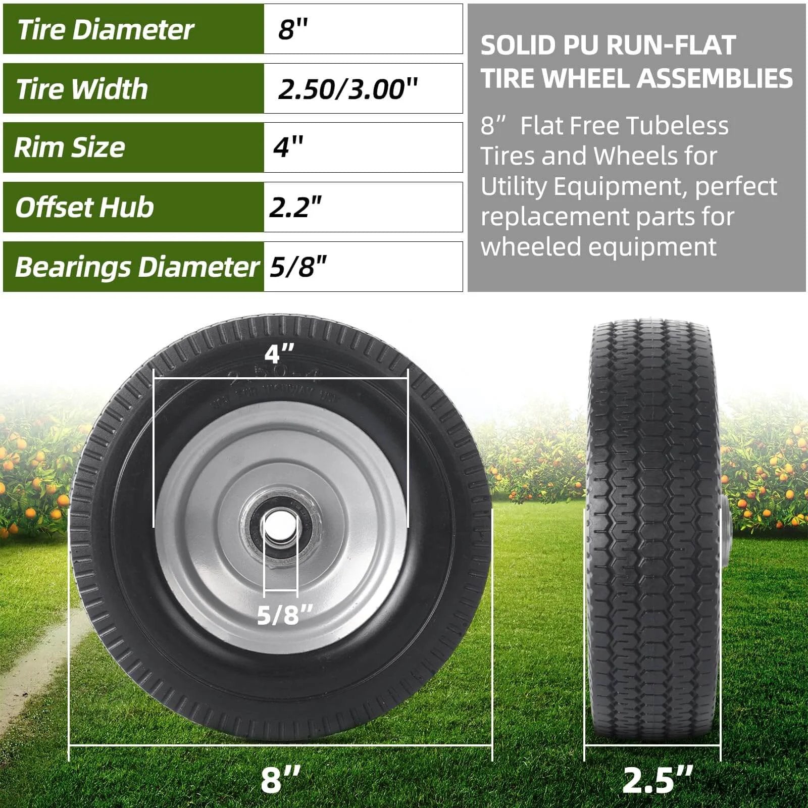 8 Inch Solid Wheel Replacement 2 Pack with 2.50-4 Flat Free Tire and Wheel, Offset Hub 2.2 Inch, side and front view display