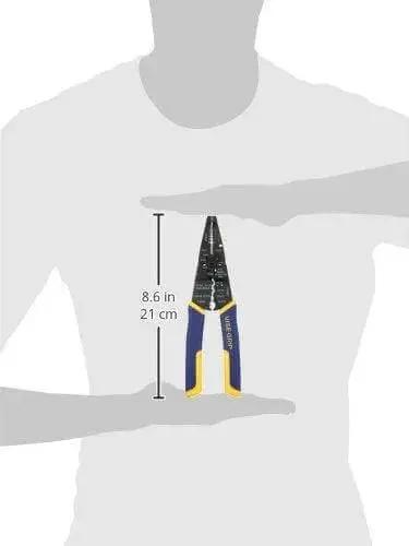 Wire Stripper And Crimper With ProTouch Grip, 8-Inch, Cuts 10-22 AWG, held to show size comparison, induction hardened cutting edge