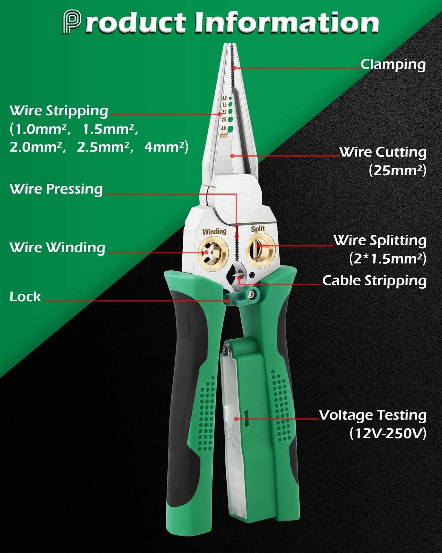 8 In 1 Wire Stripper With Voltage Tester For 10-18 AWG Wires, featuring pliers, crimper, cutters, and wire splitting tool with labels.