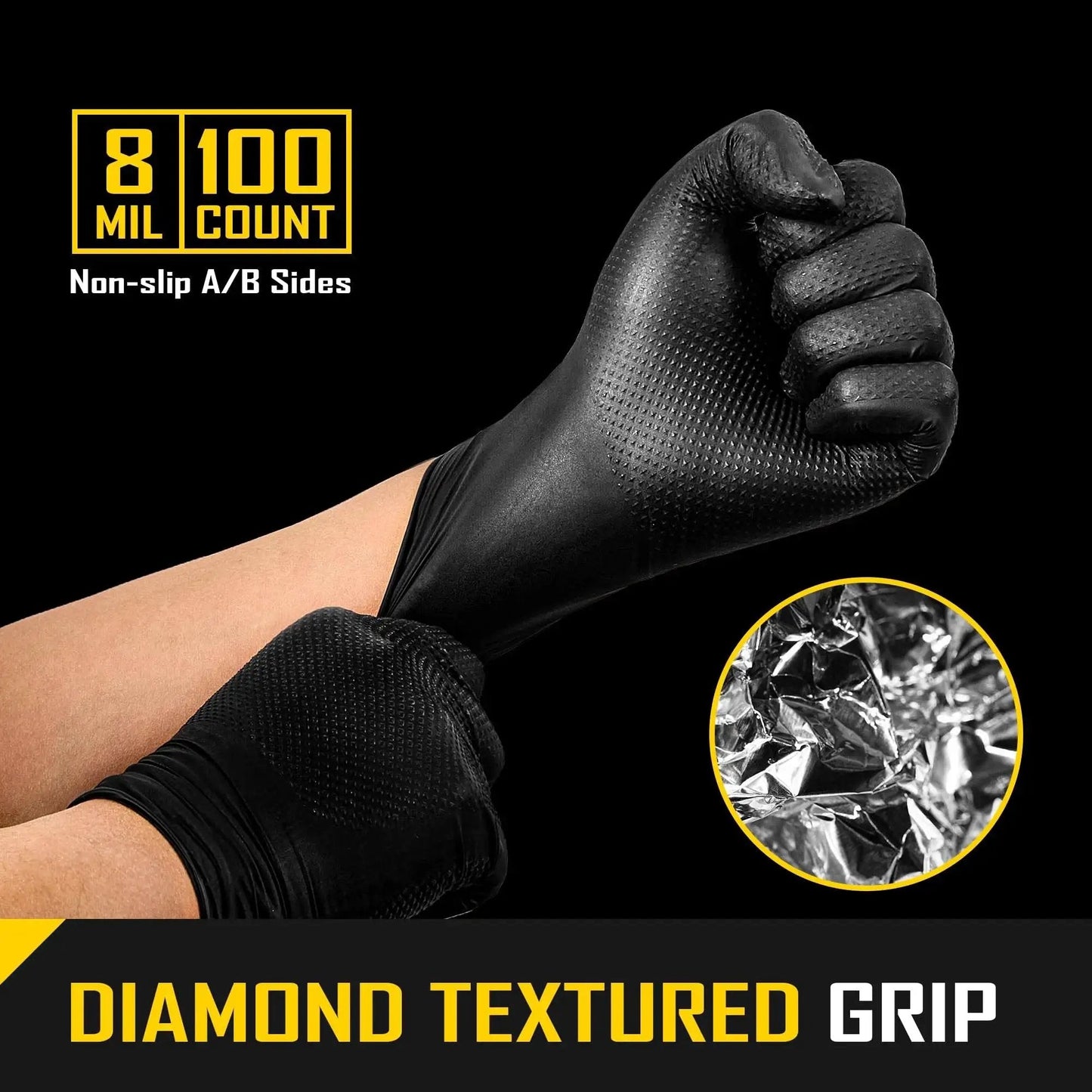 8 Mil Disposable Nitrile Gloves With Diamond Textured Grip 100 Count shown in use, emphasizing non-slip grip and 8 mil thickness.
