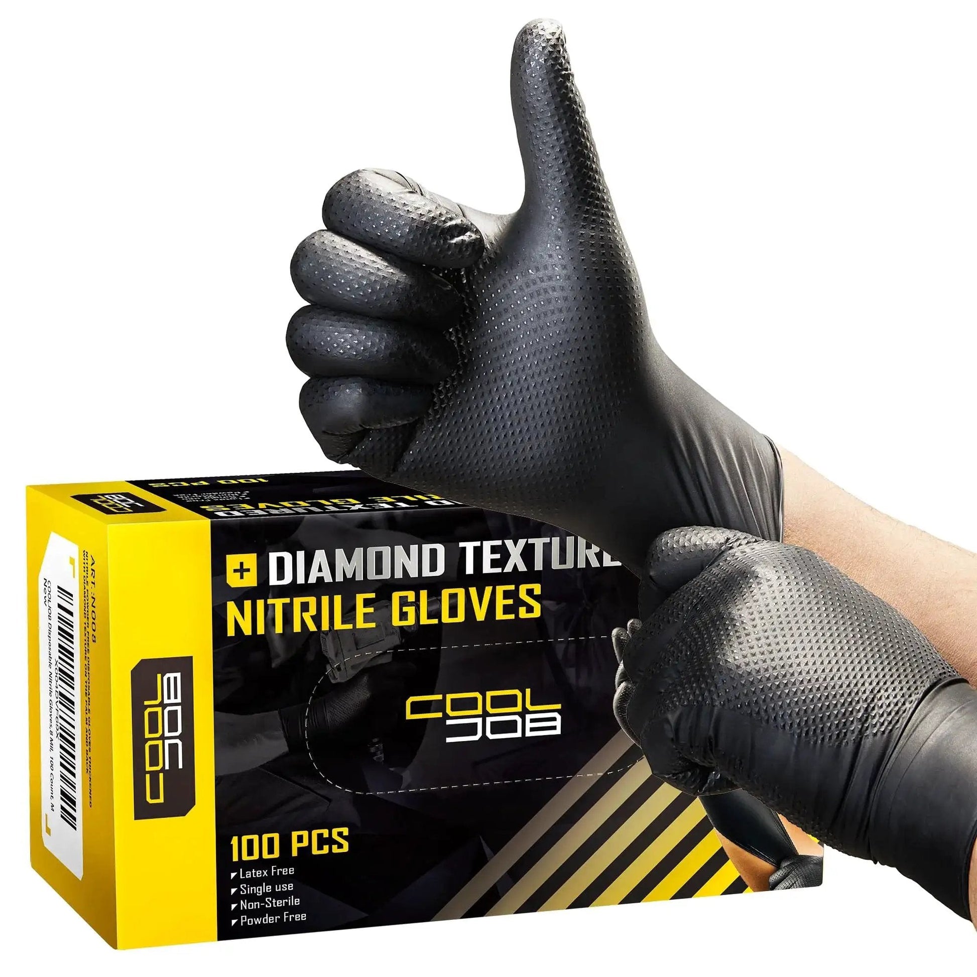 8 Mil Nitrile Gloves With Diamond Grip For Mechanic Work And Cleaning 100 Ct packaging and gloves showing texture
