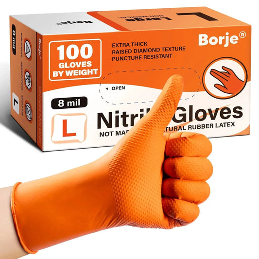 8 Mil Nitrile Disposable Gloves Heavy Duty Mechanic Large 100 Count Powder Free box and gloved hand giving thumbs up