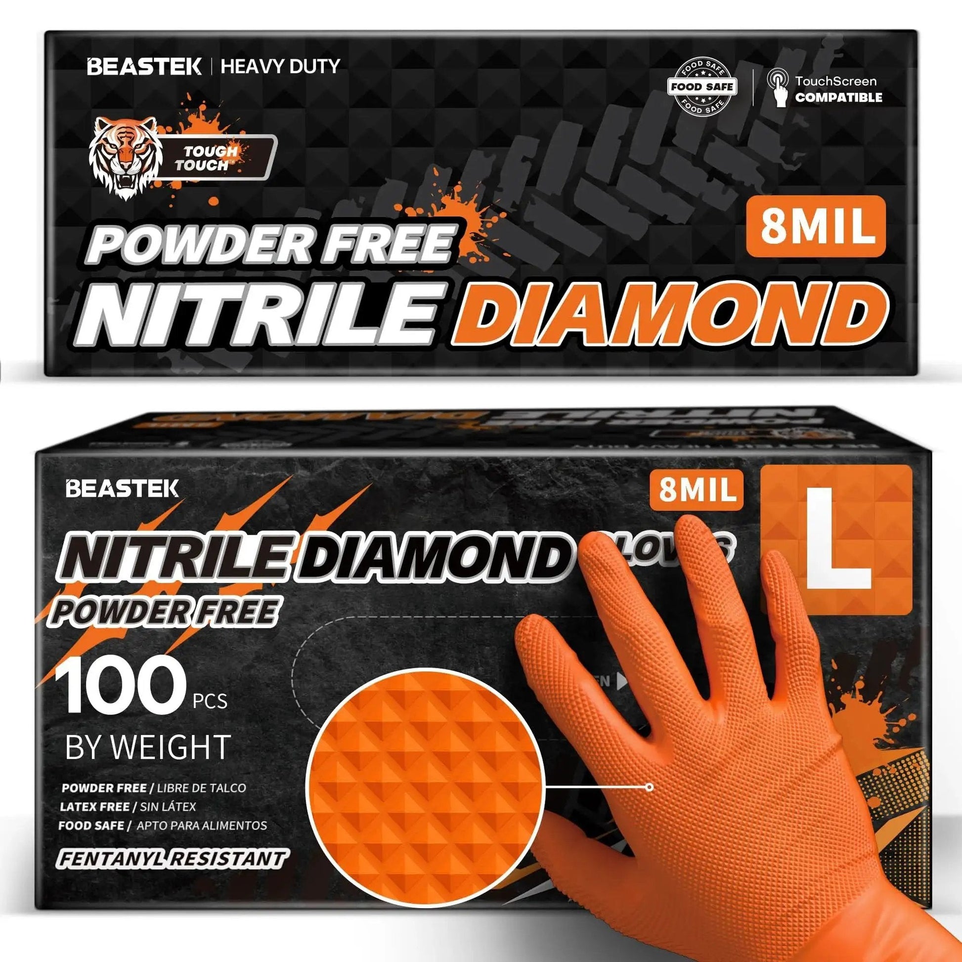 Packaging of 8 Mil Nitrile Powder Free Gloves Diamond Textured Heavy Duty Orange 100Pcs with glove demonstrating diamond texture