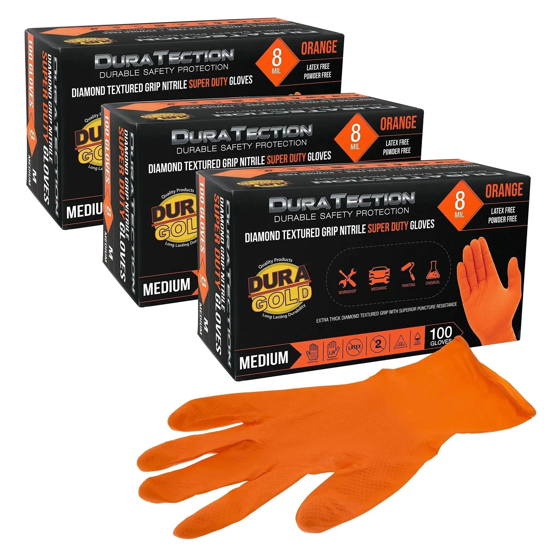 8 Mil Orange Diamond Textured Nitrile Disposable Gloves Medium 3 Boxes 100, featuring glove and packaging