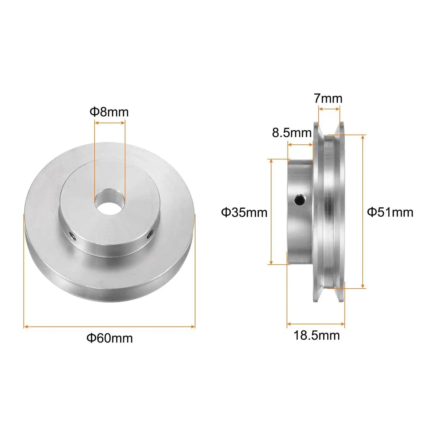 Front and side view of lightweight 8mm bore aluminum single groove pulley with 60mm outer diameter, designed for 6mm PU belt drives.