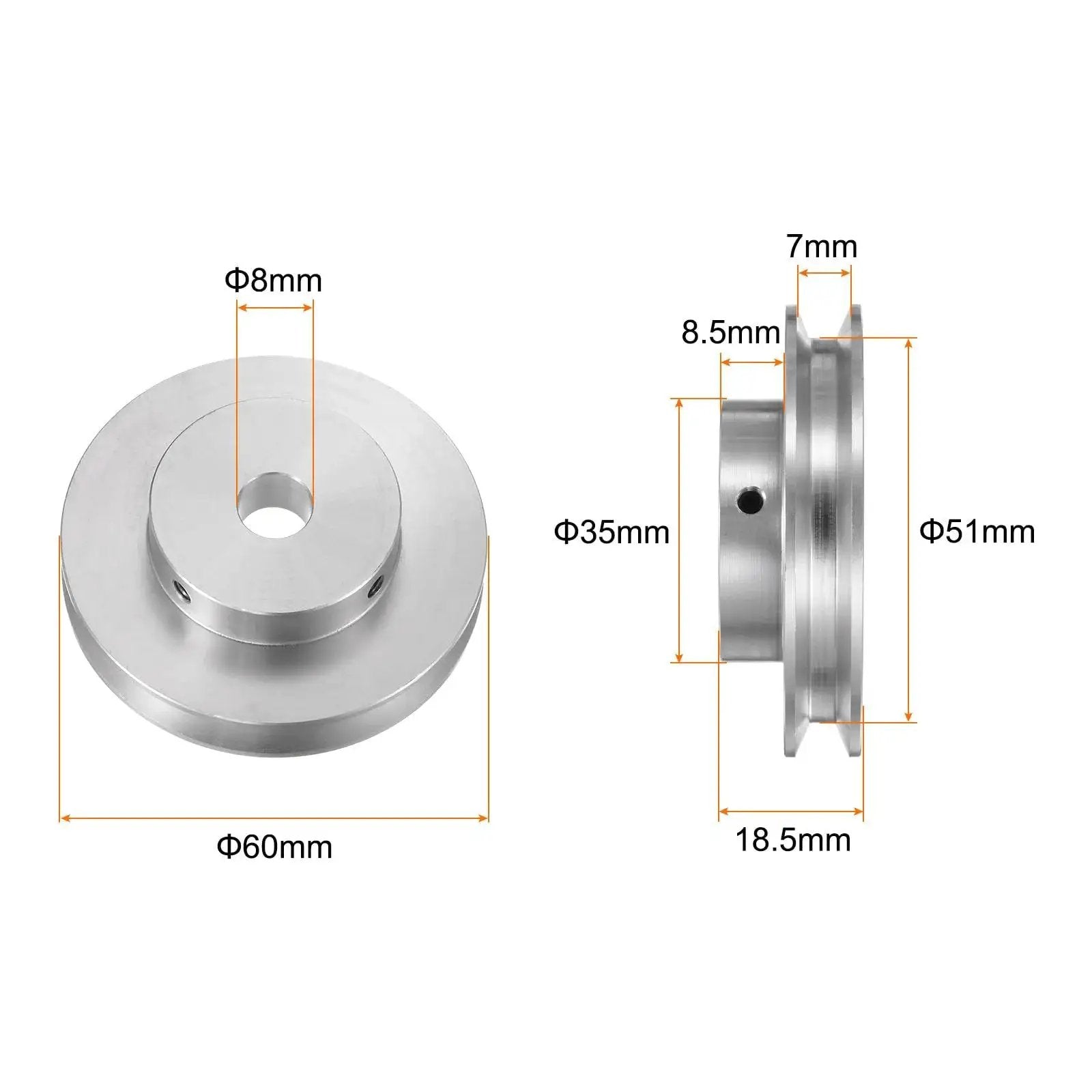 Front and side view of lightweight 8mm bore aluminum single groove pulley with 60mm outer diameter, designed for 6mm PU belt drives.