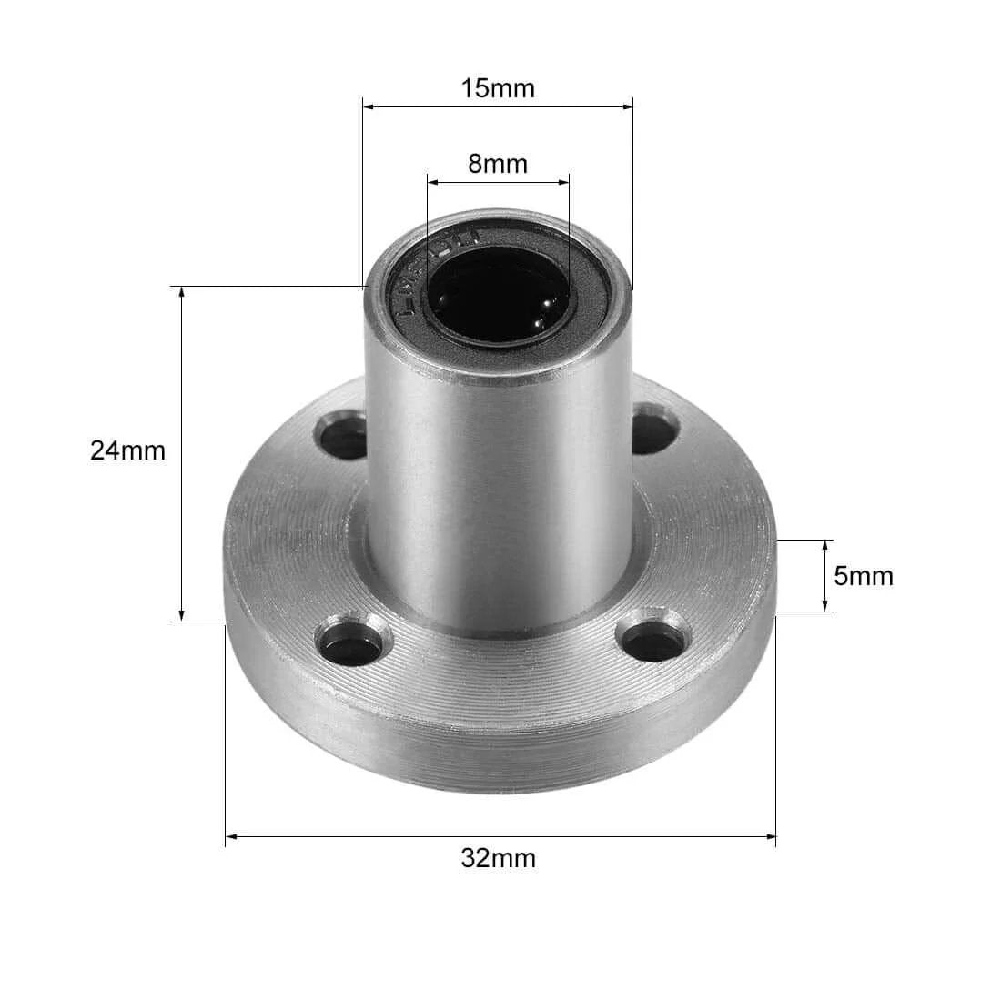 8mm linear ball bearings lm8uu round flange, 8mm bore, 15mm od, 24mm length front view showing dimensions