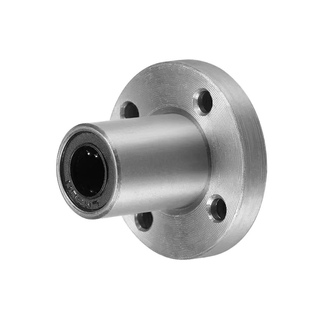 Close-up of an 8mm linear ball bearing LM8UU round flange with 8mm bore, 15mm OD, 24mm length, designed for CNC and automation use.