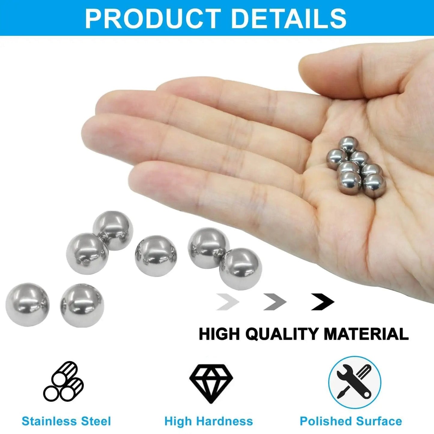 Hand holding 8mm 304 stainless steel bearing balls, shown in a 50-pack. Premium 50 Pack 8mm Stainless Steel Bearing Balls 304 Grade 0.31 Inch Size G200 Precision Balls 28HRC High Quality Corrosion And Wear Resistant Bearings For Mechanical Projects.
