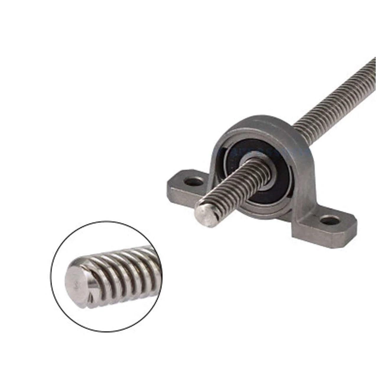 8mm t8 200mm lead screw nut set with vertical pillow bearing block, shown with close-up of lead screw details.
