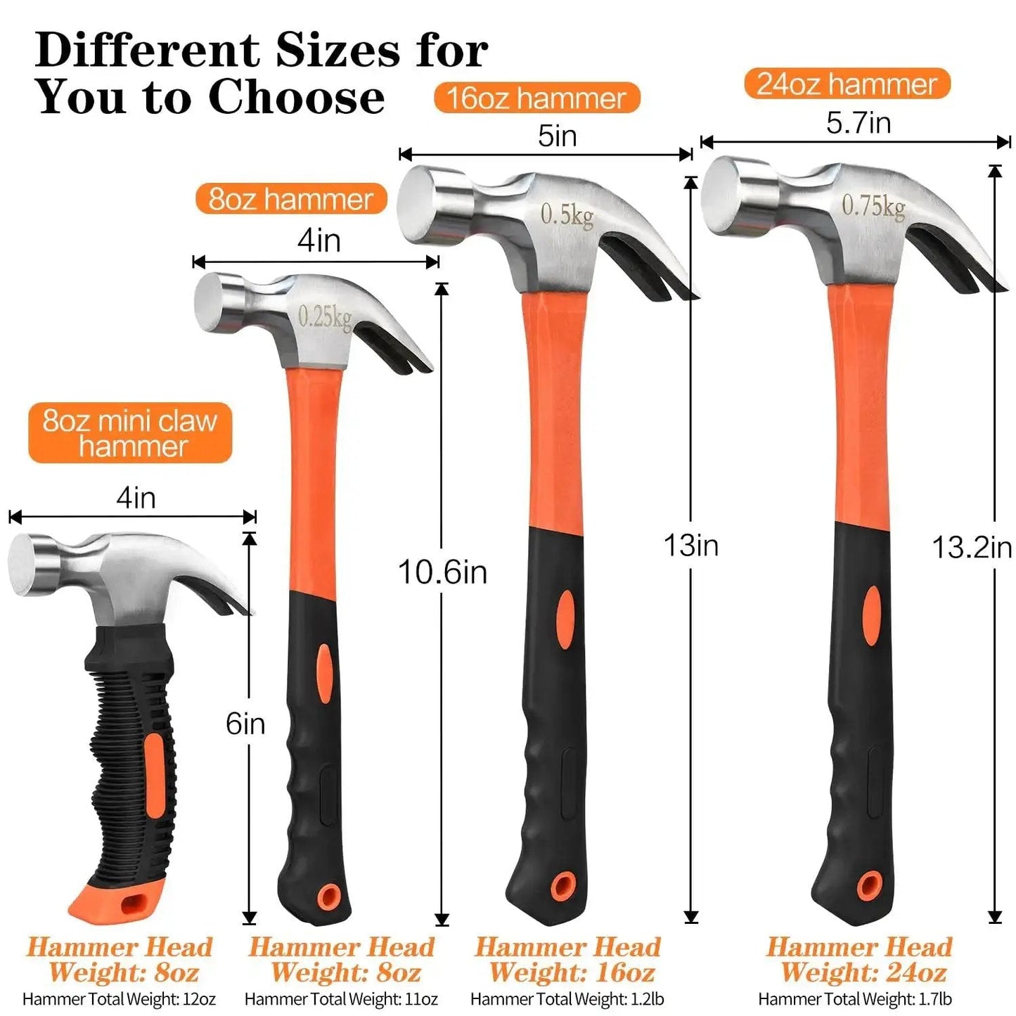 Different sizes of Eight Ounce Straight Rip Claw Hammer With Fiberglass Handle Smooth Face Non Slip Grip for DIY projects.
