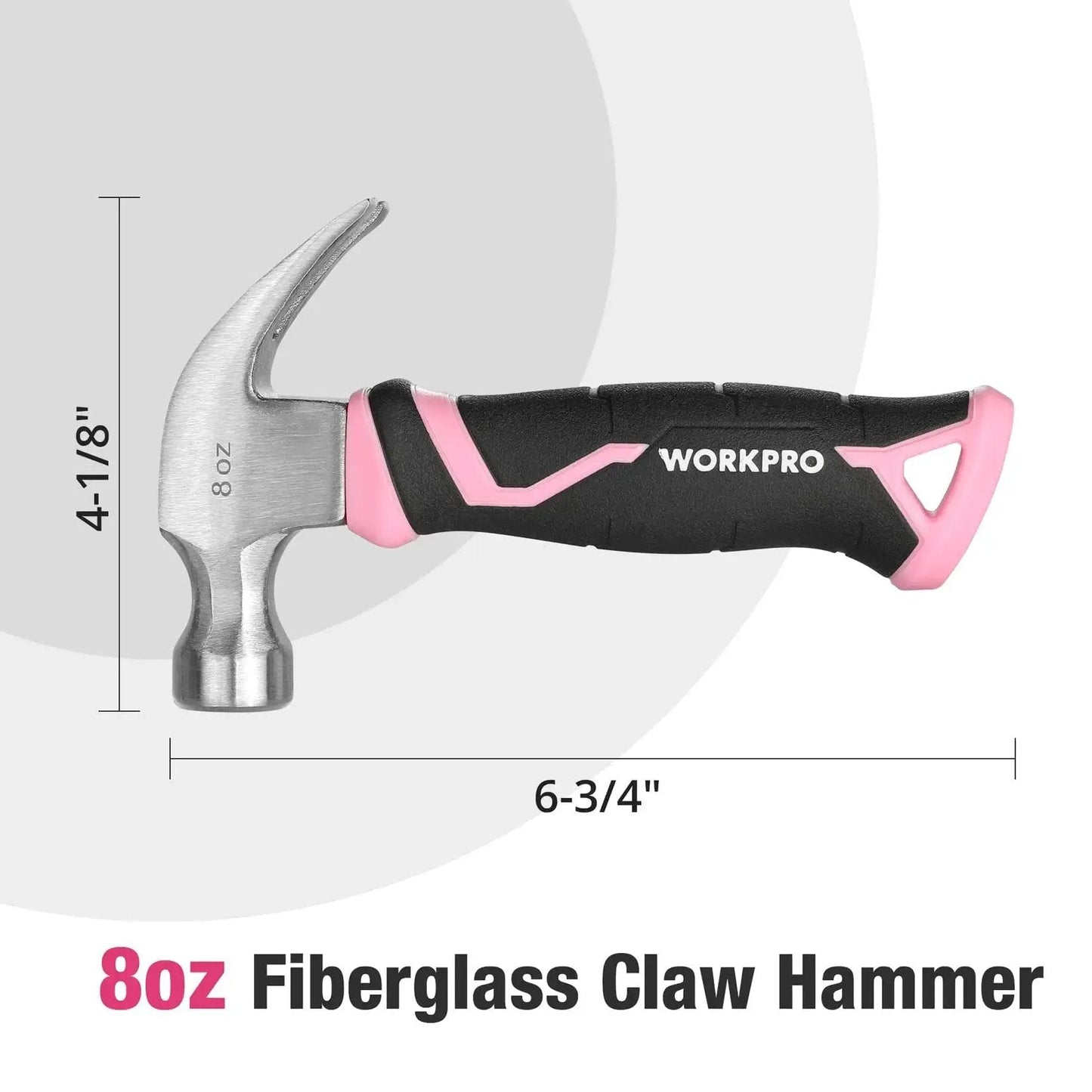 8 Oz Claw Hammer With Fiberglass Handle For Easy DIY Projects, forged steel head, pink and black handle, side view