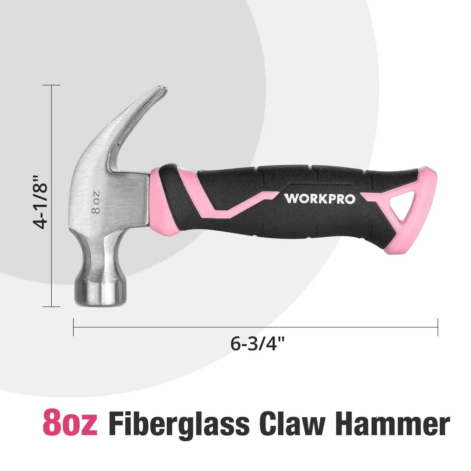 8 Oz Claw Hammer With Fiberglass Handle For Easy DIY Projects, forged steel head, pink and black handle, side view