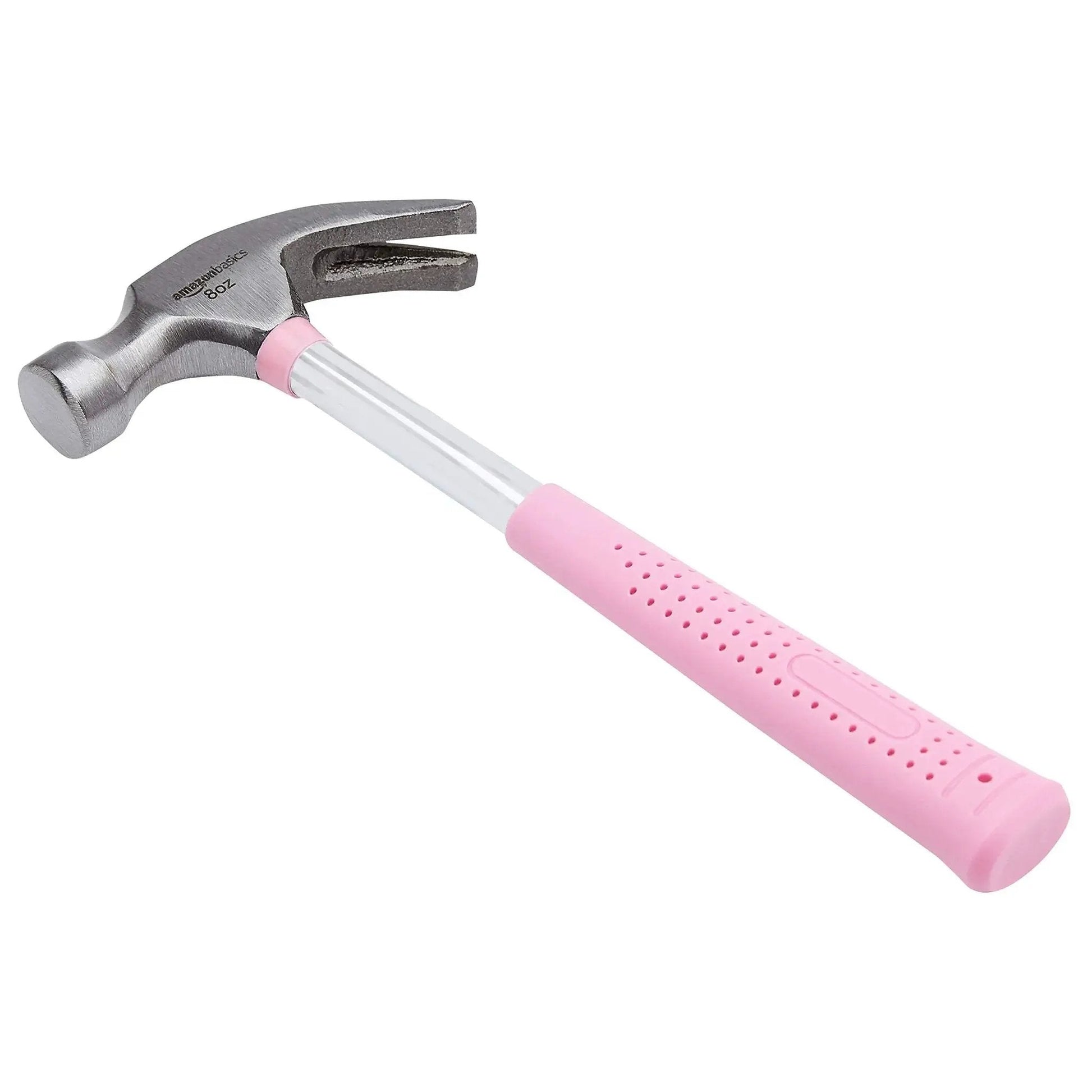 8 oz claw hammer with a shock-absorbing non-slip pink grip for comfortable, accurate nail driving and efficient nail removal