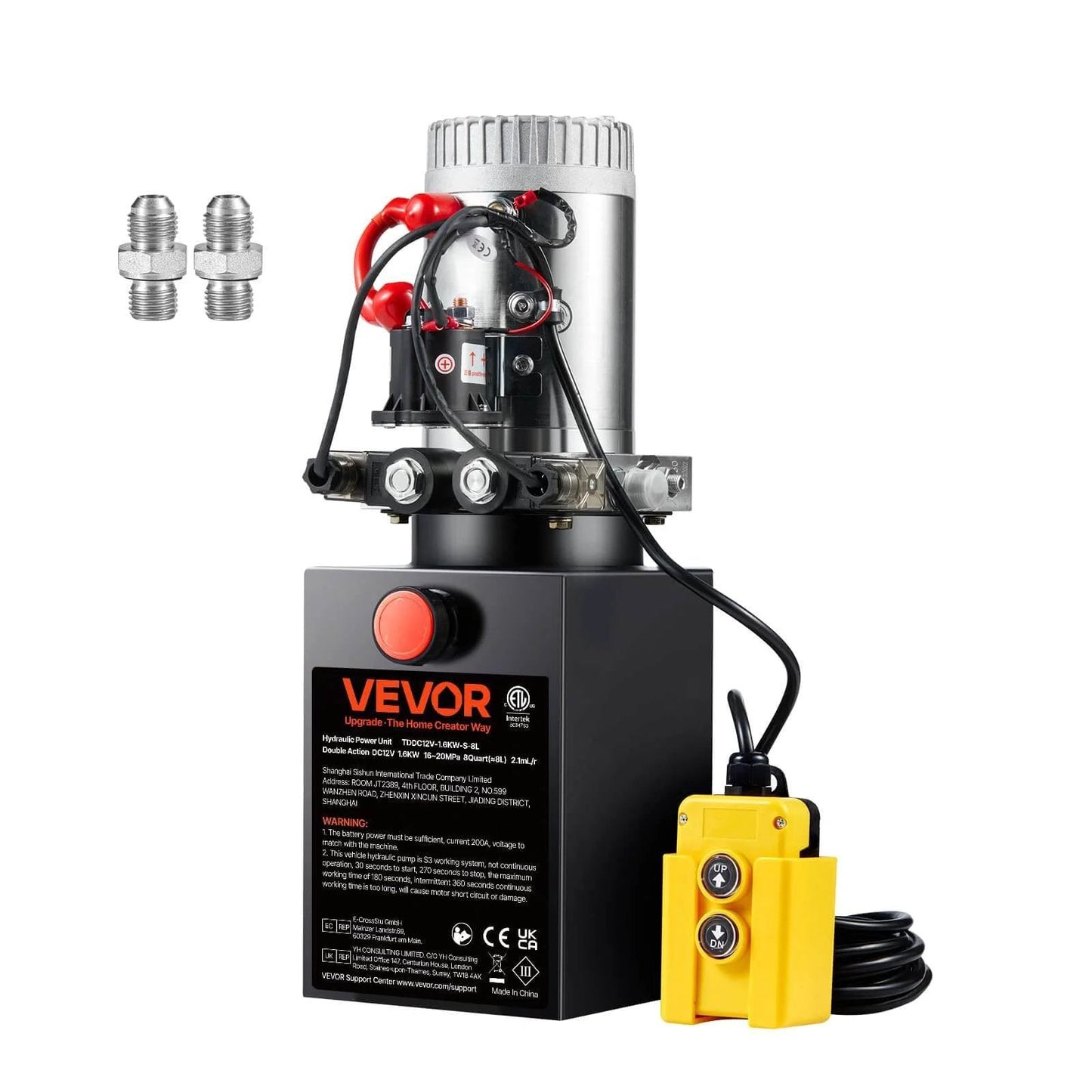 Front view of 8 Quart Hydraulic Power Unit, Double Acting Dump Trailer Pump, 0.91 GPM Flow Rate, 3200 PSI Max Relief Pressure, DC 12V Hydraulic Pump