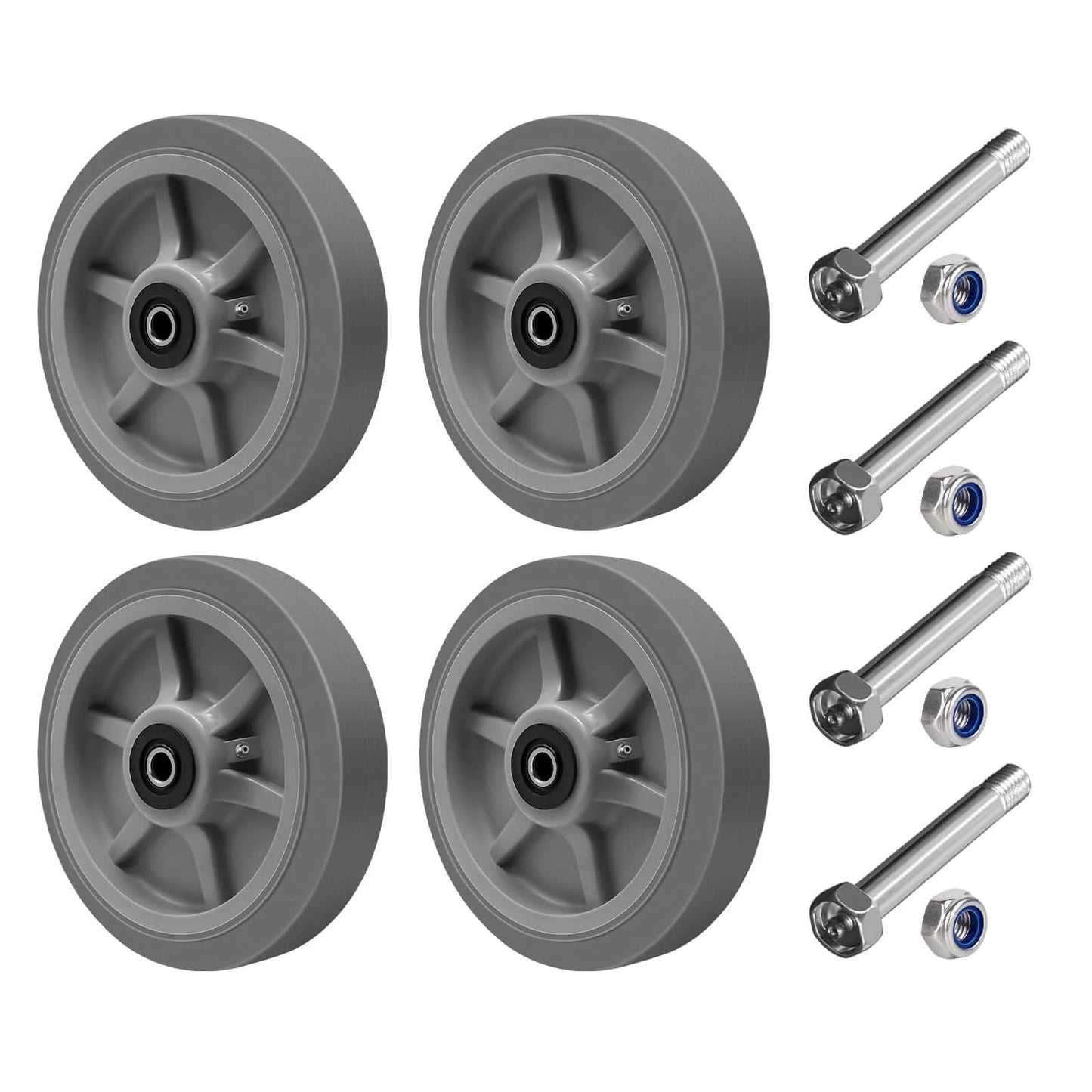 Set of 4 8 x 2 Inch Heavy Duty Industrial Caster Wheels with 1/2 Inch Bore Axle, Thermoplastic Rubber, Roller Bearings, and Bolts