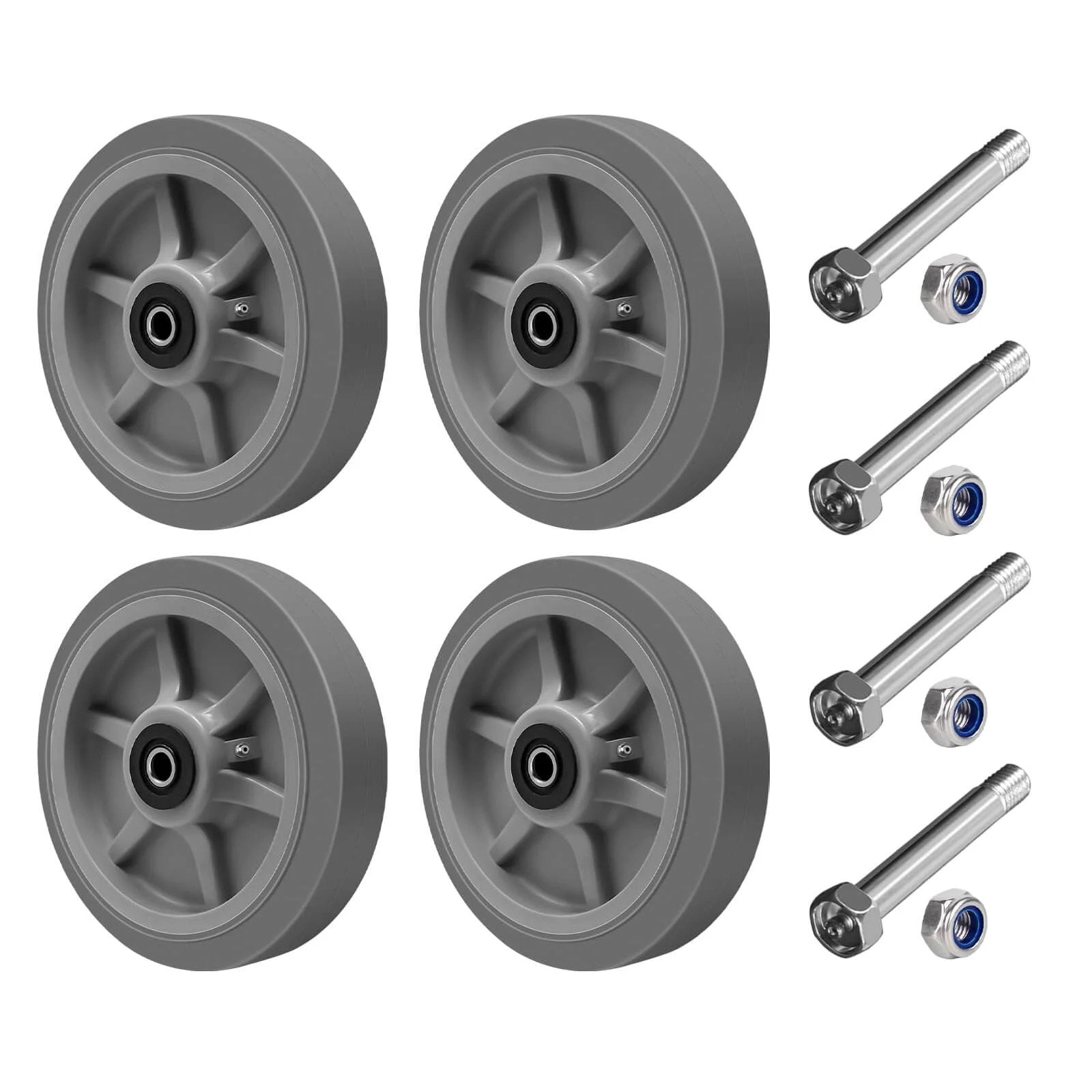 Set of 4 8 x 2 Inch Heavy Duty Industrial Caster Wheels with 1/2 Inch Bore Axle, Thermoplastic Rubber, Roller Bearings, and Bolts