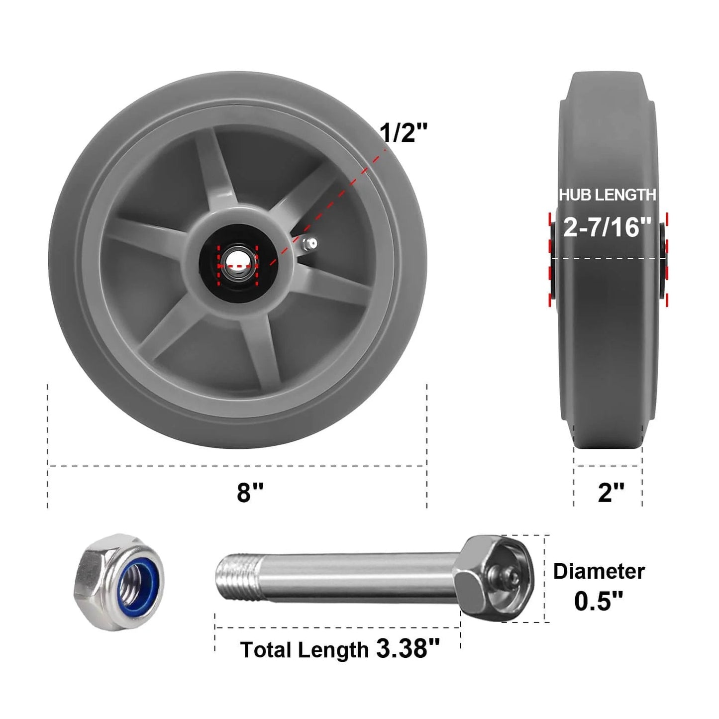 Diagram of 8 x 2 Inch Heavy Duty Industrial Caster Wheels with 1/2 Inch Bore Axle, featuring dimensions and components.